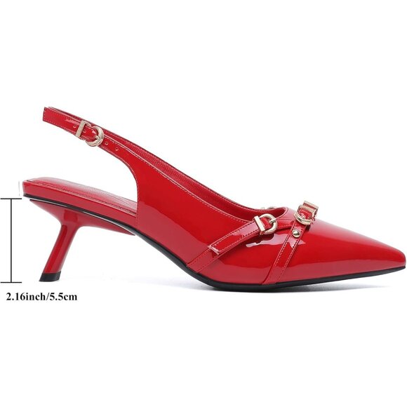 Women's Ruby Pointed Toe Pumps Patent Leather Slingback Heels With Buckle - Picture 4 of 9